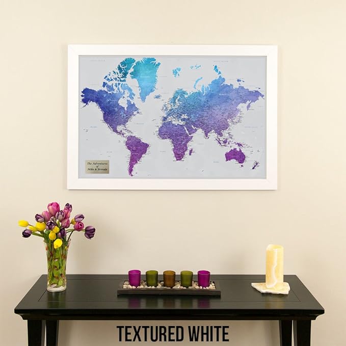 Personalized Vibrant Violet Watercolor World Travel Map with Textured White Frame