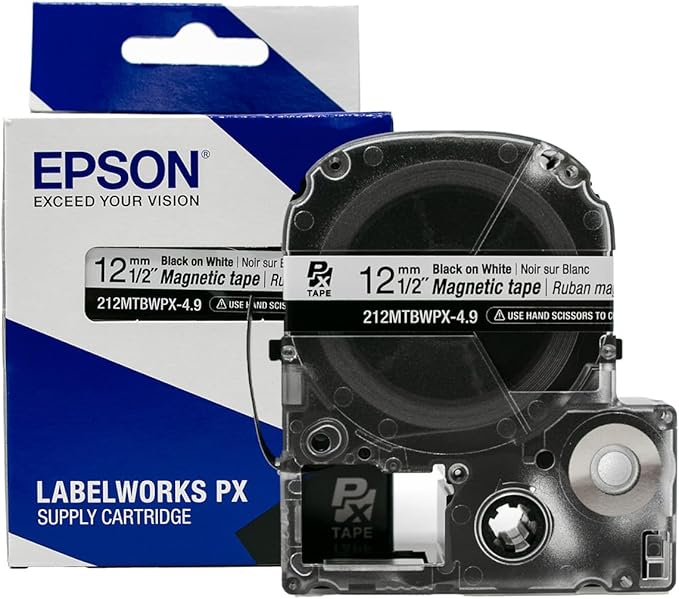Epson LABELWORKS 212MTBWPX-4.9 Genuine Magnetic Tape Cartridge - Black on White Magnet Label Maker Tape - 1/2" (12MM) Wide, 4.9 ft, White