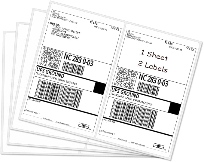 RBHK Half Sheet Self Adhesive Shipping Labels for Laser & Inkjet Printers, 2000 Labels, Rounded Corner (1000 Sheets)