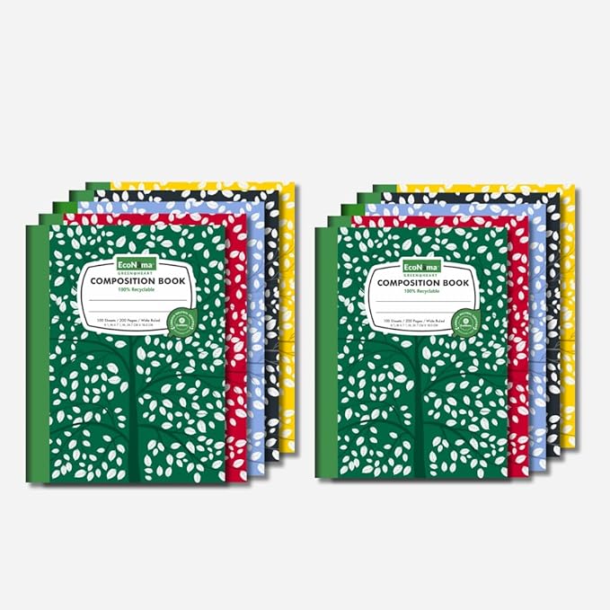 EcoNama Composition Notebooks Pack of 10 Wide Ruled 200 Pages (100 Sheets) 9.75"x7.5" Carbon Neutral Recyclable Paper Eco-Friendly School & Office Supplies For Students and Professionals Assorted Color