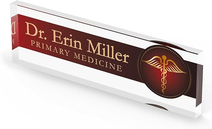 Artblox Personalized Office Desk Name Plate and Business Card Holder | Clear Acrylic Glass with Teak Wood Stand | Doctor Design Customized with Your Name and Credentials Office Desk Decor