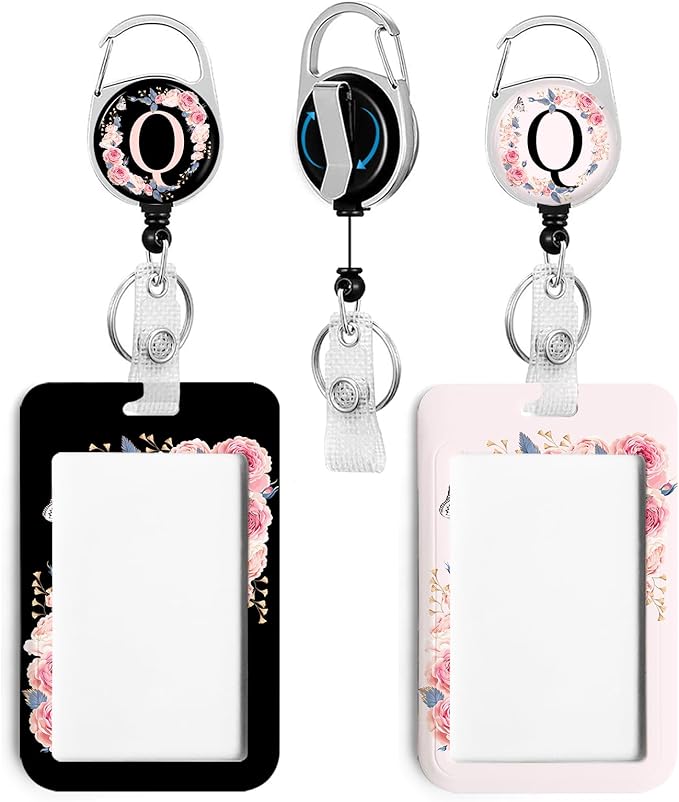 2 Pack A-Z Letter ID Badge Holder with Clip Badge Reels Retractable Heavy Duty,Keychain，ID Holder for School Nurse Office Q