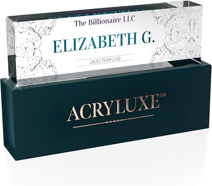 Desk Name Plate Personalized, Custom Name Plates 2½/x8 Inches, Thick Crystal-Clear Acrylic, Gift Box, Office Desk Decor. USA Made by ACRYLUXE (Belvedere)
