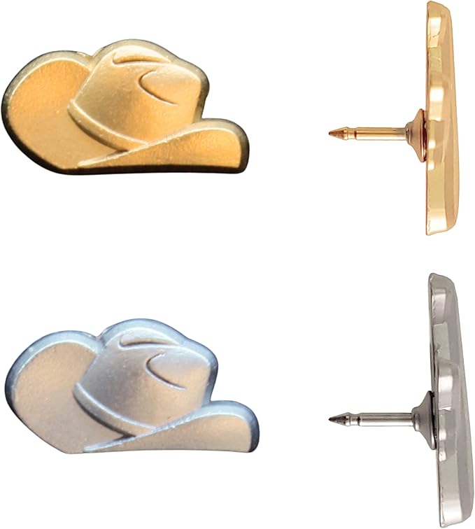 Cowboy Hat Push Pins - Gold Cowboy Hat Map Pins for Cork Boards, Maps, or Lapel Use - Designed in USA - Set of 4