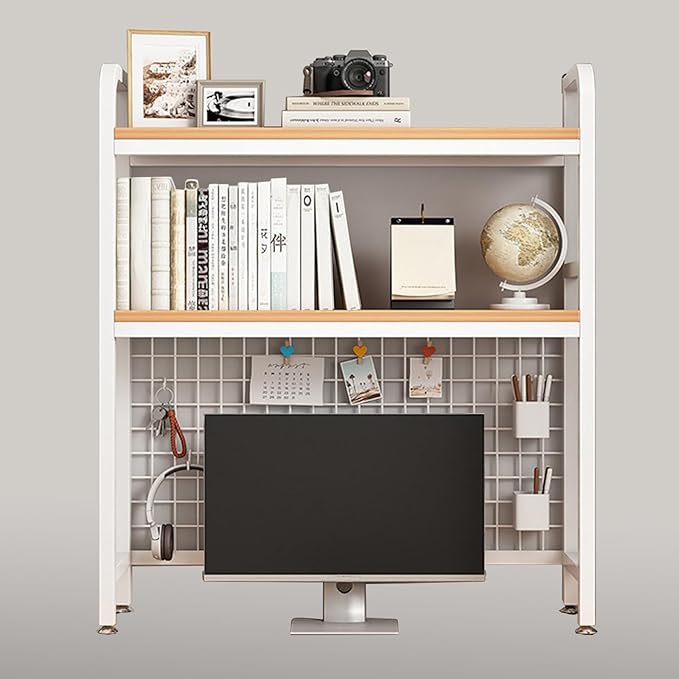 Desk Shelf Bookcase 2-Tier Metal Desktop Bookshelf Hutch with Grid Panel and DIY design possible Multipurpose Storage Organizer Display Rack for Dorm Office Home Computer Desk(White 29.5"×7.9"×38.6")