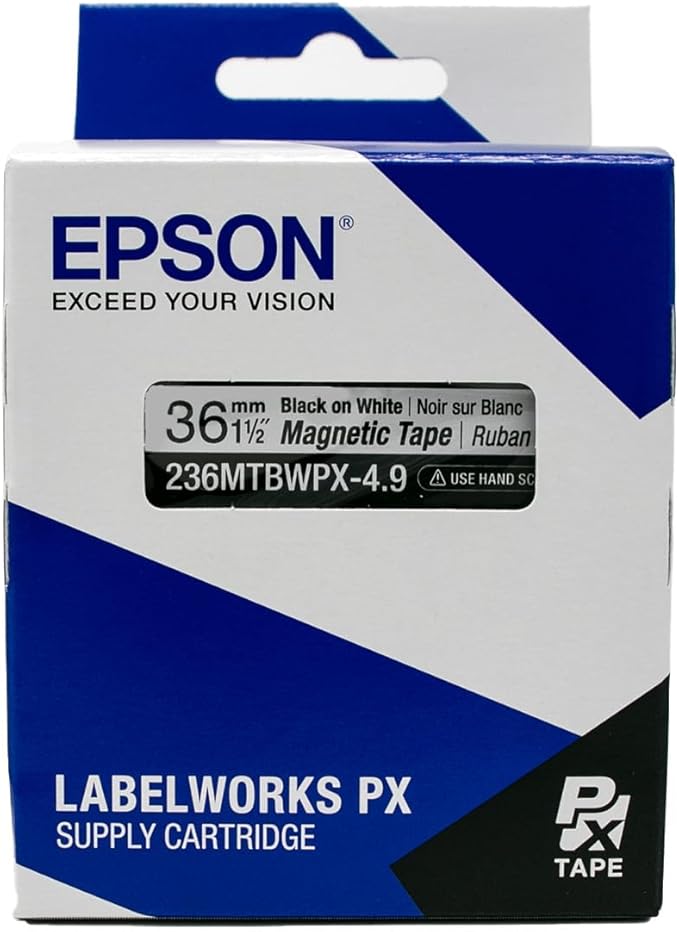 Epson LABELWORKS 236MTBWPX-4.9 Genuine Magnetic Tape Cartridge - Black on White Magnet Label Maker Tape - 1.5" (36MM) Wide, 4.9 ft, White
