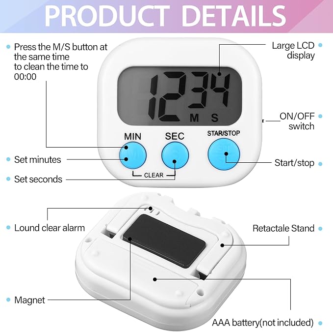 Weewooday 24 Pcs Digital Kitchen Timer Magnetic Timer Bulk On/Off Switch Minute Second Count up Countdown Loud Alarm for Exercise Cook Baking (Classic Color)
