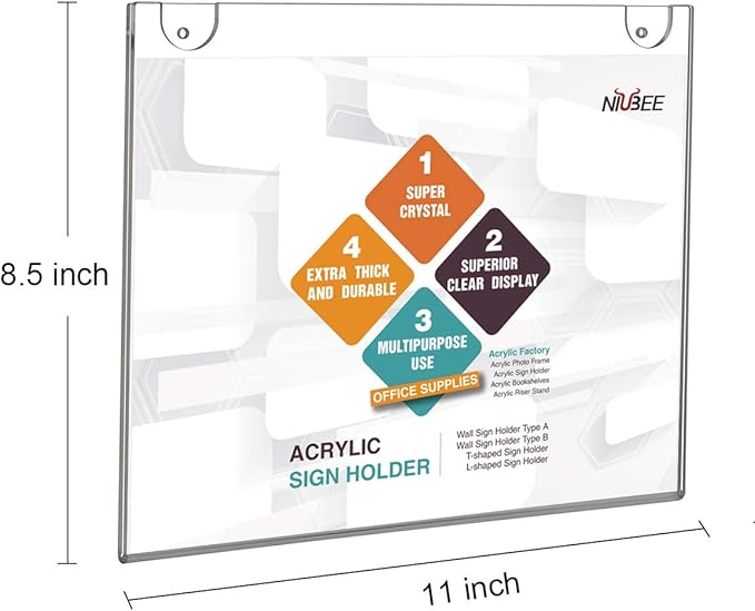 NIUBEE 24-Packs Acrylic Wall Sign Holder 8.5x11 Horizontal, Clear Plastic Picture Frames , Wall Mounted Design.