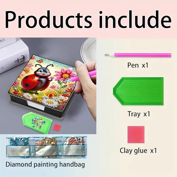 Ladybug Diamond Painting Note Box Memo Pad Holder, Diamond Art Sticky Notes Organizer for Desk, Aesthetic Stationery Storage Case for Office,School Supplies (Ladybug)