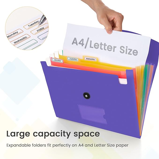 Accordion File Organizer, 7 Pockets Expanding File Folder with Labels, A4/Letter Size Portable Folders for Documents, Paper Organizer for School Office Supplies, Purple Blue