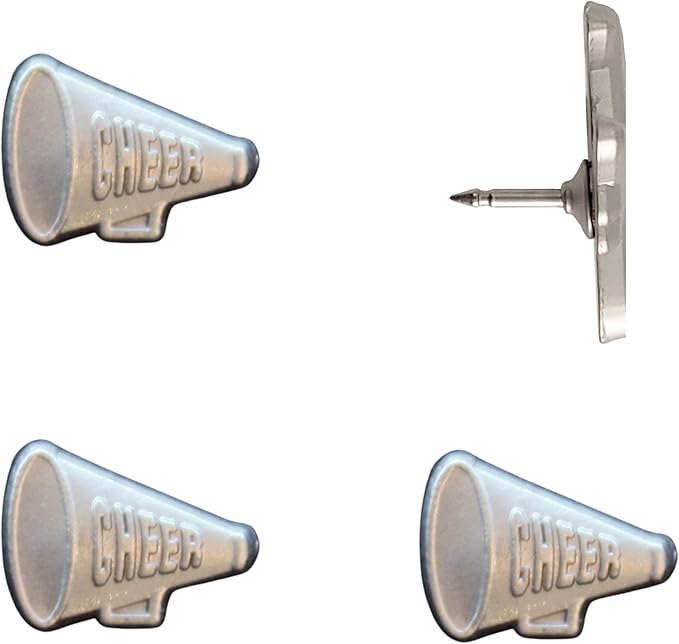 Cheer Megaphone Push Pins - Silver Cheerleading Megaphone Pins for Cork Boards, Maps, or Lapel Use - Designed in USA - Set of 4