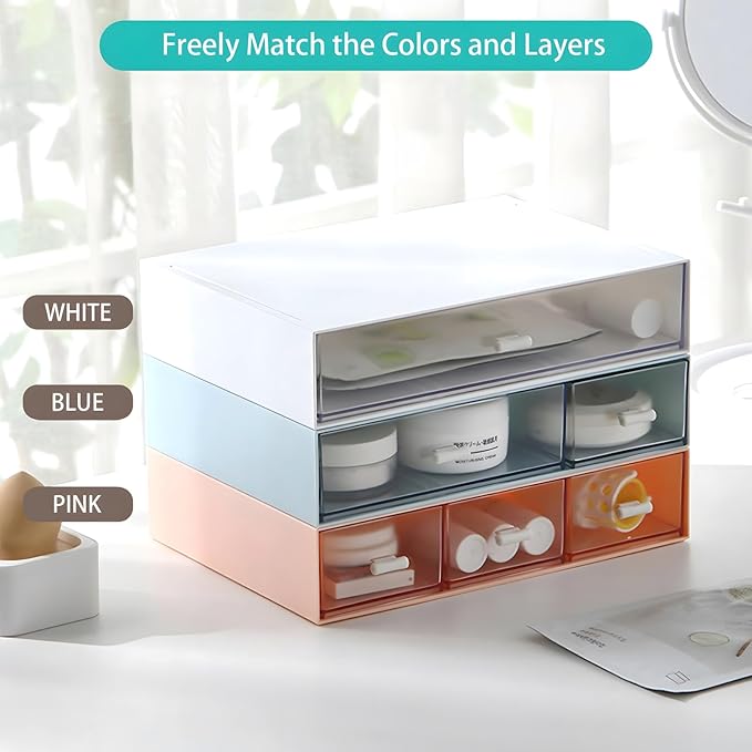 Desktop Organiser with 5 Drawers, Stackable Plastic Storage Box on Desk, Small Drawers Storage Unit for Home Collection, Cosmetics, Office Supplies (2 Flat Layers, Blue)