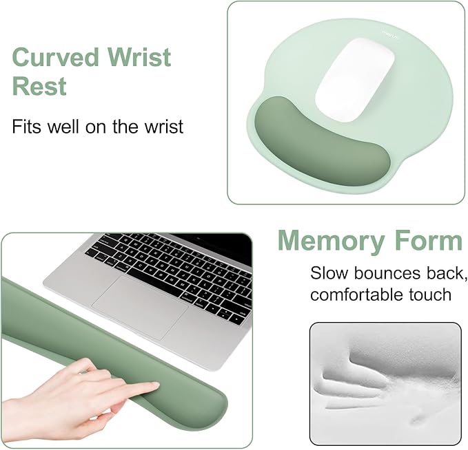 MOSISO Wrist Rest Support for Mouse Pad&Keyboard Set, Streamline Ergonomic Mousepad&Coaster Non-Slip Base Home/Office Pain Relief&Easy Typing Pad with Soft Cloth&Silicone Lining, Antique Green