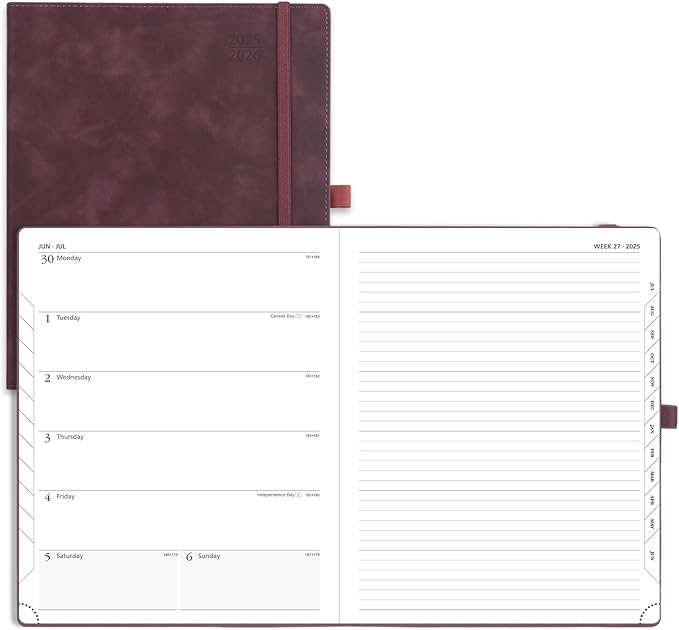 POPRUN Weekly Planner 2025-2026 (Large 8.5''x 10.5'') Academic Calendar (JUL.25 - JUN.26) Appointment Book with Monthly Tabs, Leather Soft Cover, Inner Pocket, 100 GSM - Claret