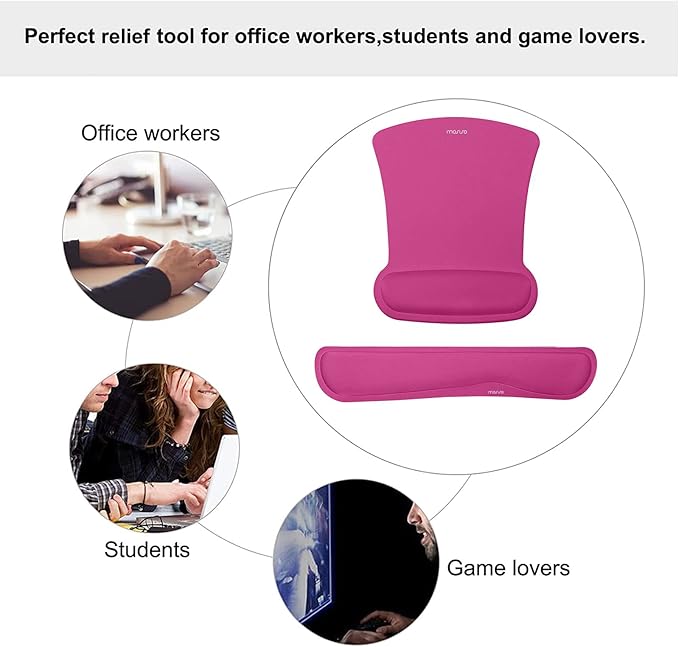 MOSISO Wrist Rest Support for Mouse Pad & Keyboard Set, Ergonomic Mousepad Non-Slip Base Home/Office Pain Relief & Easy Typing Cushion with Neoprene Cloth & Raised Memory Foam, Rose Red