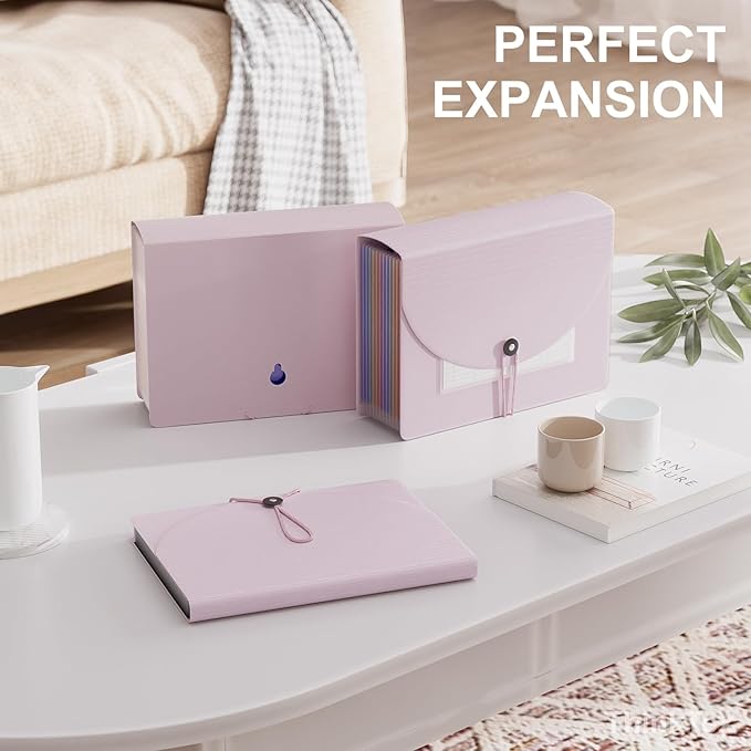 ThinkTex Accordion File Organizer, 12 - Pocket Expanding File Folders for Paper Receipts, Bills&Taxes Organizer, Letter/A4 Size Document Holder for School, Office, Home with tabs-Pinkish Purple