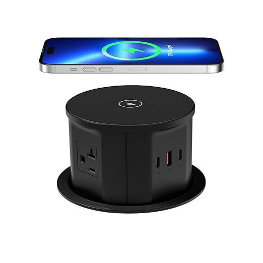 ANNQUAN 20 Amp Pop Up Countertop Outlet with 15W Wireless Charger,Max 65W Power Delivery,4.75" Pop Up Electrical Outlet with 3 Outlets 3 USB Ports for Home Office