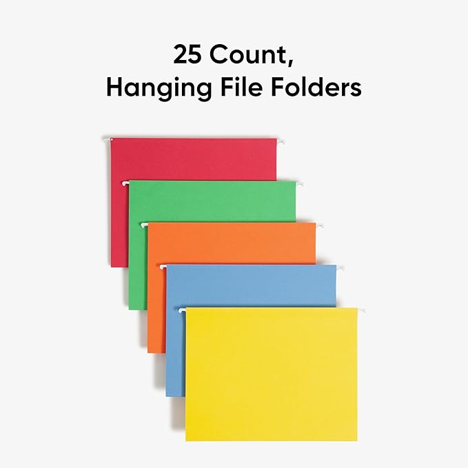 Smead Standard Hanging File Folders, 25 Count, Assorted Primaries, 1/5-Cut Adjustable Tabs, Letter Size (64059) (Pack of 2)