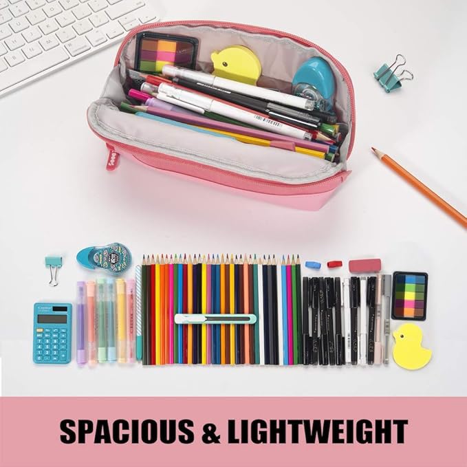 Sooez Wide-Opening Pencil Pen Case, Lightweight & Spacious Pencil Pouch Zipper Stationery Bag, Aesthetic Supply with Triangular Design for Adults, Pink