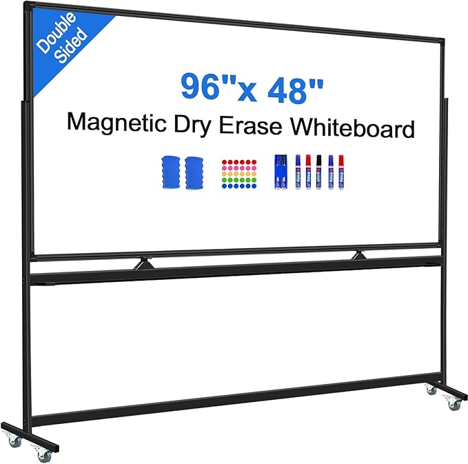 4'x8' Large Dry Erase White Board with Rolling Stand 96"x48" Double-Sided Mobile Magnetic Whiteboard on Wheels, Including 3 Magnetic Erasers, 7 Markers, 30 Magnets