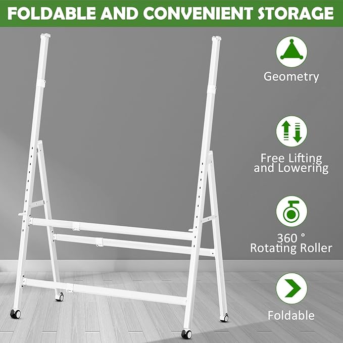 A-Frame Foldable Whiteboard Stand, Height and Width Adjustable, Mobile Stand with Wheels for All Heavy Duty Glass Blackboard, Chalkboard, Bulletin Board, Display Board, Drawing Board (White)