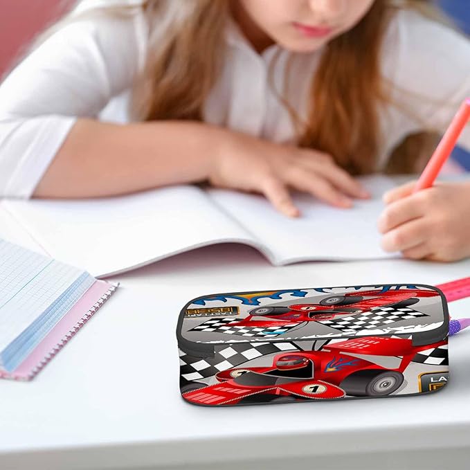 Racing Car Pencil Holder Bag Flames Cool Red Gray Pencil Case College Office School for Teens Boy Girl