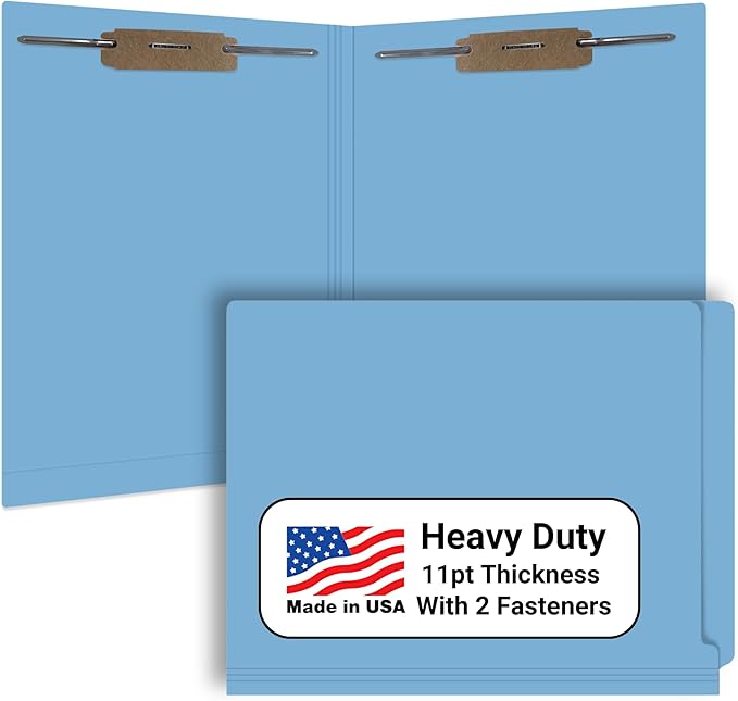 Blue File Folders, USA Made, Doctor Stuff, Two 2" Bonded Fasteners, Durable 11pt, Reinforced End Tab File Folders with 2 Prongs, Colored Office & Medical Charts Patient Chart, Box of 50