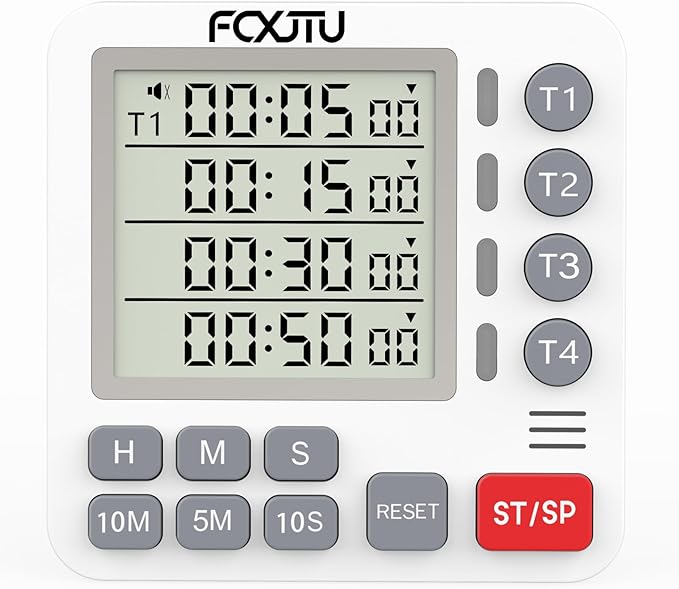 FCXJTU Digital Dual Kitchen Timer, 4-Channel Magnetic Countdown Timer for Cooking, On/Off, Large Display Multi Food Loud Alarm Silent for Classroom Seniors Battery Included (White)