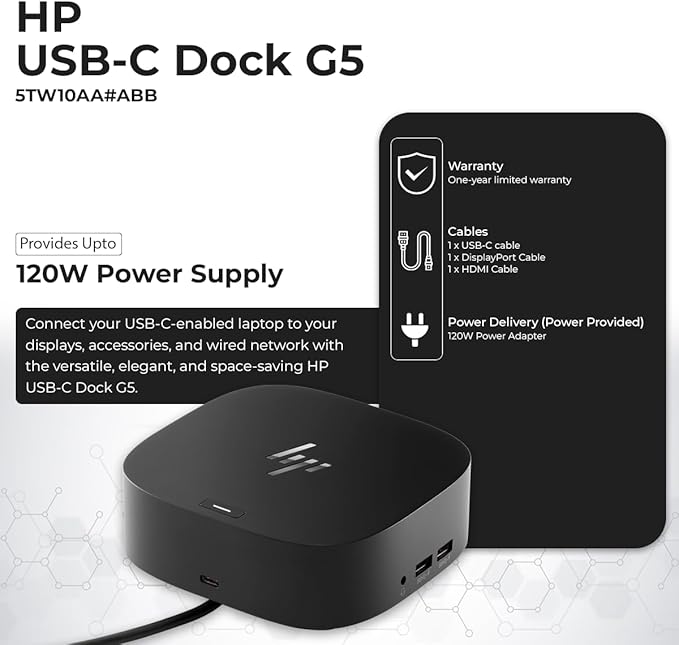 HP Docking Station for Laptop Dual Monitor and Charging Bundle - HP Dock 5TW10AA / 5TW10UT / 5TW10AA#ABB with 120W Adapter + HDMI Cable + DisplayPort Cable + USB-C Cable + Microfiber Cloth (Renewed)