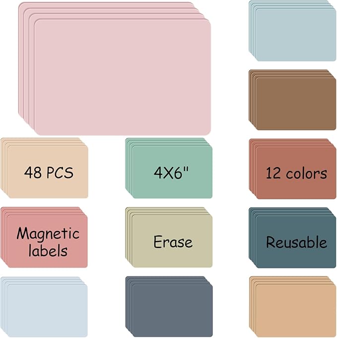 Ctosree 48 Pcs Dry Erase Magnetic Labels 4 x 6 Inch, Dry Erase Magnets Reusable Magnetic Magnets Name Tags Blank Multipurpose Colorful Stickers Strips for Whiteboard Locker School Office(Multicolor)