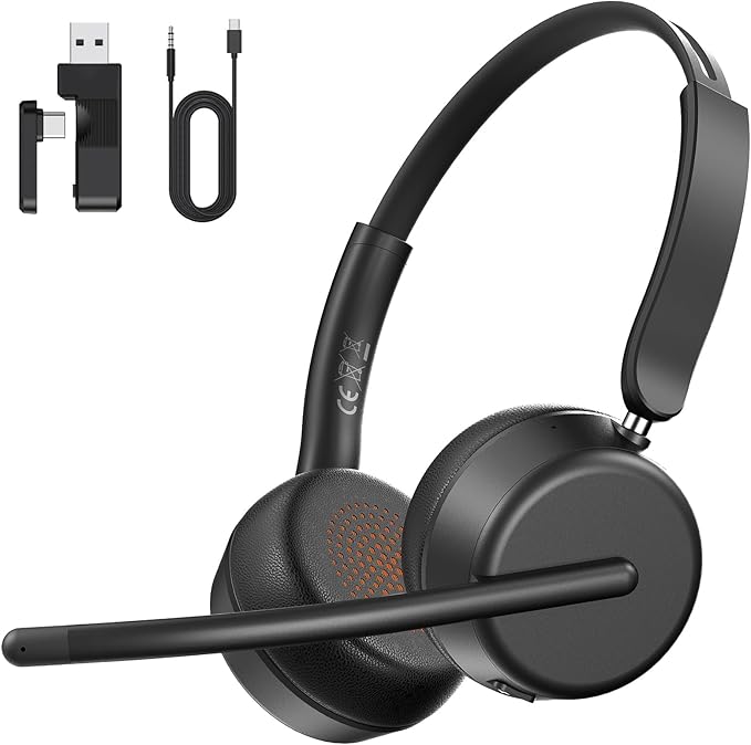 SEJJ Wireless Headset with Mic for Work, Bluetooth 5.4 Headphones with AI Noise-Canceling Mic for Clear Calls, Wireless Headsets with Mic Mute & USB A/C Dongle for PC, Computer, Laptop, Black