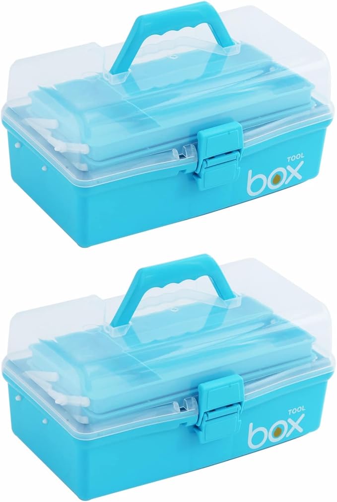 2PCS 12'' Three-Layer Clear Art Box Organizer, Multipurpose Plastic Craft Box with Handle (Blue)