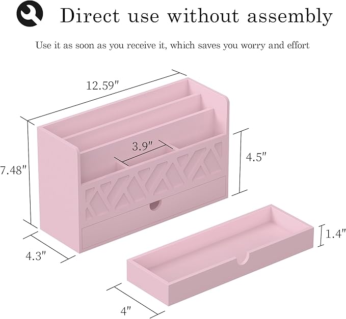 Wisuce Bamboo Mail Organizer Countertop Desktop with Drawer - All-in-One Desk File Organizer with Pencil Holder (Pink)