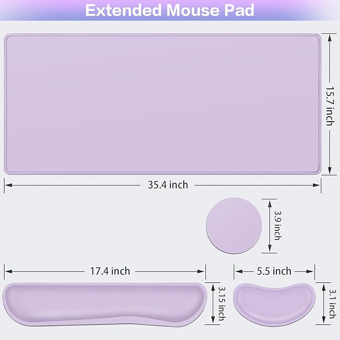 Desk Mat Purple, Large Gaming Mouse Pad with Wrist Rest, 4in1 XXL Mousepad+Keyboard Wrist Rest+Mouse Pad Wrist Support+Cup Coaster Set Ergonomic Computer Desk Arm Wrist for Decor Home Office Women