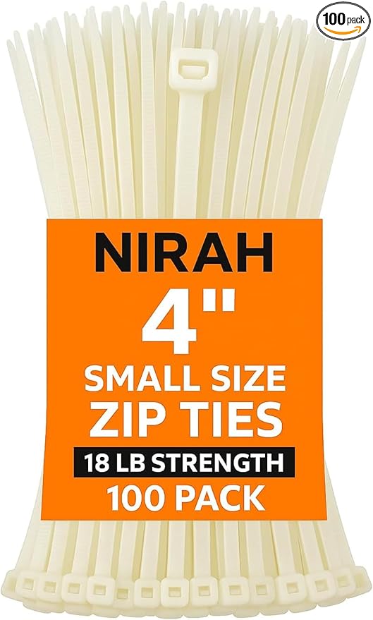 Small Zip Ties 4 inch Clear, 18lb Strength, UV-Resistant, Self-locking PA66 Small Cable Ties White, Mini Zip Ties, Tiny Tie Wraps, Little Wire Ties for Home, Office, Garden, Cable Management by Nirah