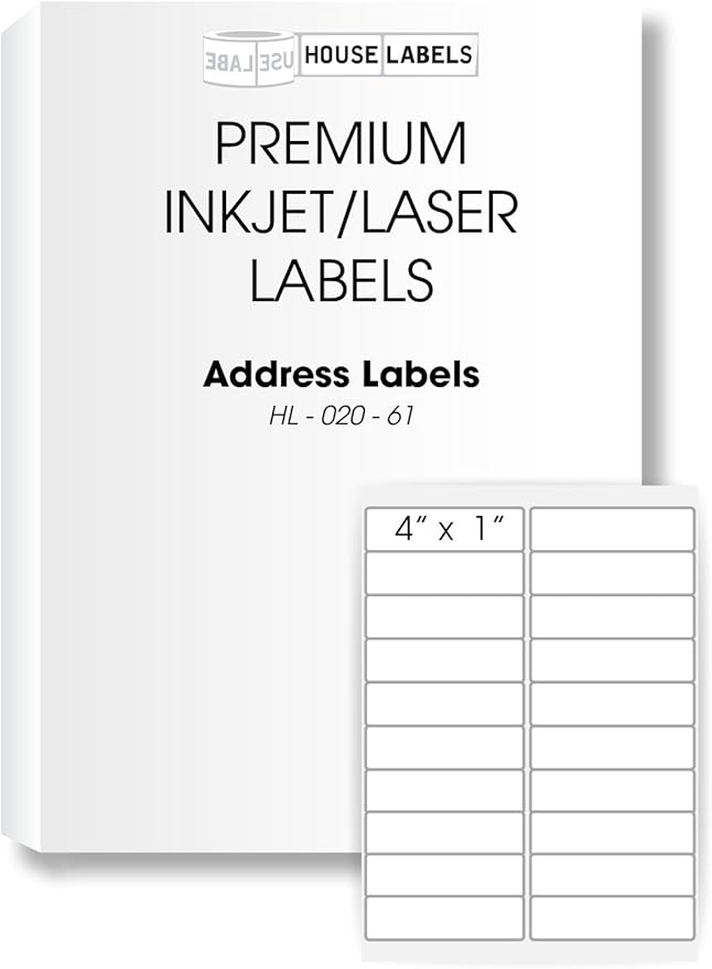 HouseLabels 200 Sheets; 4,000 Labels, 20-UP, Shipping/Mailing Labels (4.0" x 1.0") - BPA Free!