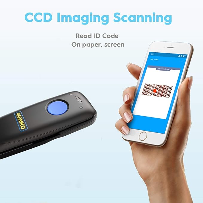 NADAMOO Wireless Barcode Scanner Compatible with Bluetooth, with Charging Dock, Portable USB 1D Bar Code Scanner for Inventory, 2.4G Wireless & Wired Barcode Reader for Tablet iPhone iPad Android iOS