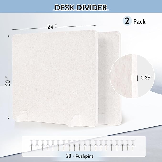 AMUSIGHT 2 Pack Acoustic Desk Dividers - 24" x 20" Freestanding Privacy Panels Set with Noise - Reducing Design Cubicle Sound Proof, Ideal for Office, Classroom, and Home (Light Beige)