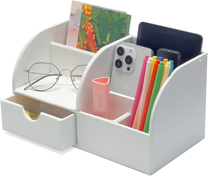 UnionBasic Office Desk Organizer - Multifunctional PU Leather Desktop Storage Box - Business Card/Pen/Pencil/Mobile Phone/Stationery Holder, White