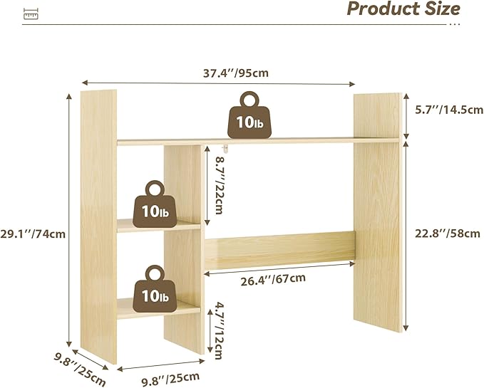 Desktop Bookshelf, 37.4’’ Wooden Desk Storage Hutch with 3 Shelves,4 Tier Multipurpose Display Shelf with Storage, Wooden Desk Shelf Organizer for Computer Desk, College Dorm, Office, Home