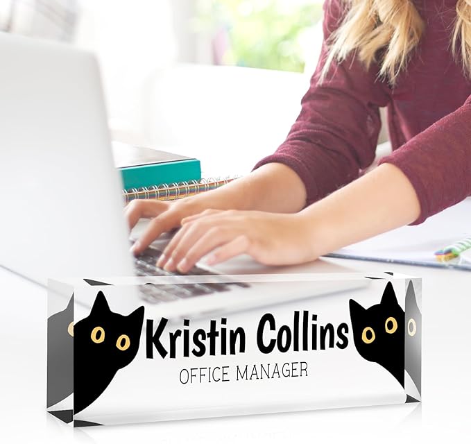 Custom Name Plate for Desk, Personalized Desk Name Plate on Clear Acrylic Glass, Appreciation Gifts for Teacher Employee Boss Coworkers Nurse, Desktop Office Accessories For Women (Black Yellow)