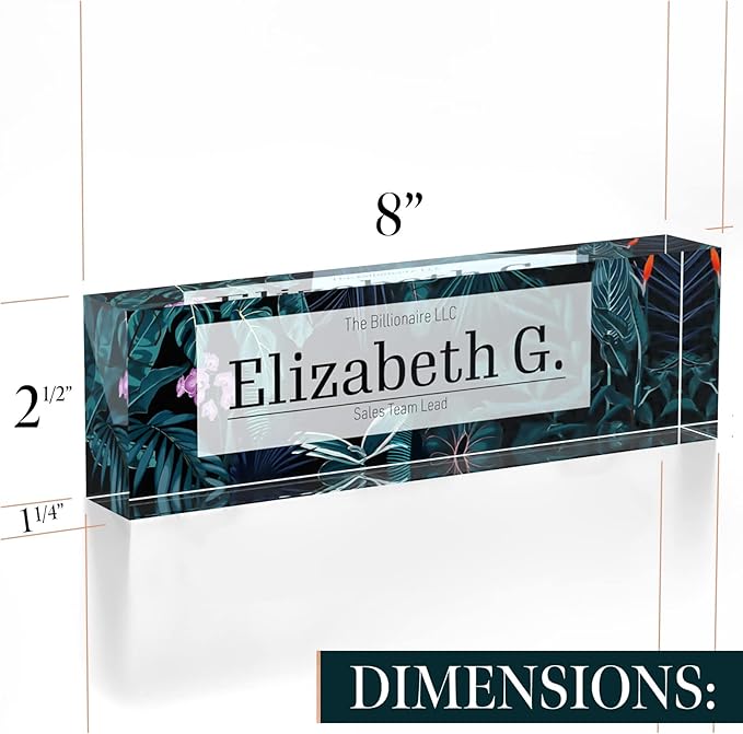 Desk Name Plate Personalized, Custom Name Plates 2½/x8 Inches, Thick Crystal-Clear Acrylic, Gift Box, Office Desk Decor. USA Made by ACRYLUXE (Bouquet)