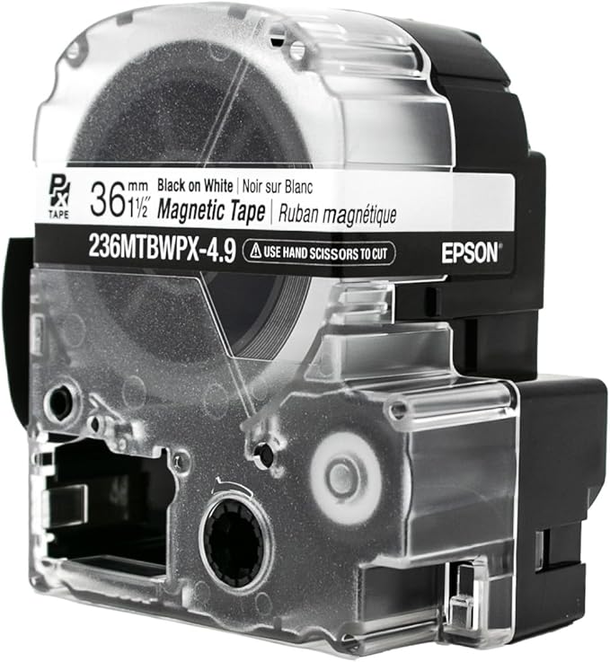 Epson LABELWORKS 236MTBWPX-4.9 Genuine Magnetic Tape Cartridge - Black on White Magnet Label Maker Tape - 1.5" (36MM) Wide, 4.9 ft, White