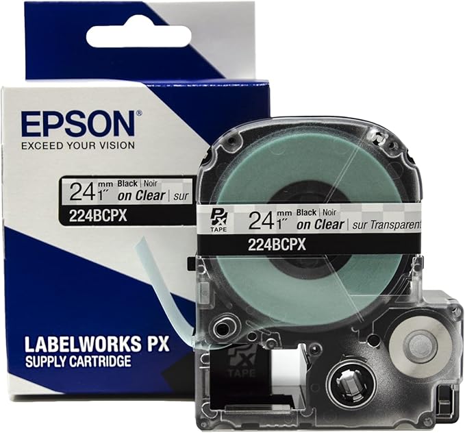 Epson LABELWORKS 224BCPX Genuine PET (Polyester) Tape Cartridge - Black on Clear Label Maker Tape - 1" (24MM) Wide, 30'