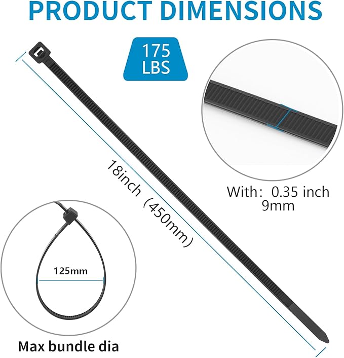 100PCS 18 inch Cable Zip Ties Heavy Duty 175lbs Tensile Strength Nylon Long Wire Ties Self-Locking Durable Plastic Tie Wraps for Indoor and Outdoor UV Resistant(Black)