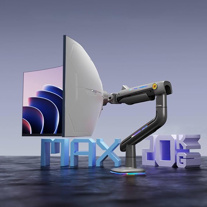 NB Gaming Monitor Arm for Screen up to 60 inches, Holds 44 lbs(20 kg), VESA 75/100, RGB Light, Heavy Duty Monitor Stand, Aluminum Ultrawide Screen Mount Height Angle Adjustable Grey Black