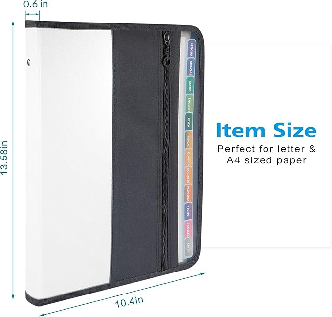 Sooez Accordion File Organizer with Safe Zipper, 12 Pocket Expanding File Folder with Front Pencil Pouch, Portable Monthly Paper Bill Tax Receipt Organizer, School Office Supplies, Letter Size, White