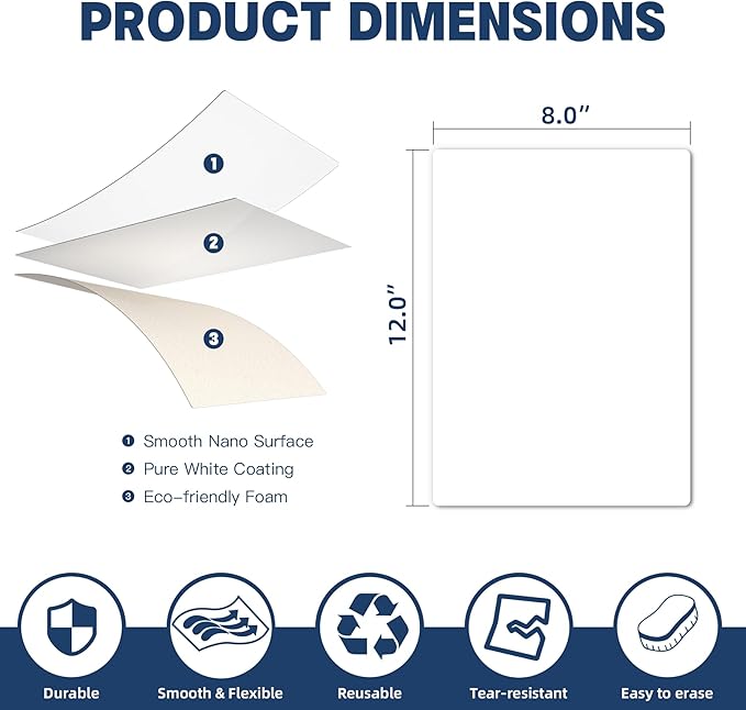 3 Pack Dry Erase Board Stickers Magnetic Free, 12"x8" Restickable Dry Erase Sheets No Residue for Wall/Refrigerator/Door/Cabinet, Adhesive Non-Magnetic Whiteboard, Fridge Dry Erase Paper