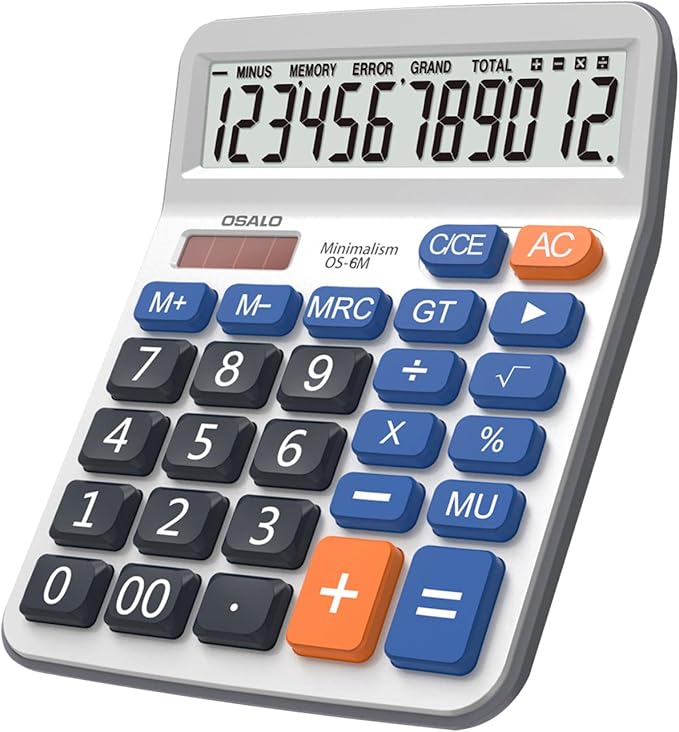 Desktop Calculator Large LCD Display 12 Digit Number Handheld Portable Pocket Basic Calculator with Big Soft Sensitive Button, Battery and Solar Powered, for Office Home School Use(OS-6M)