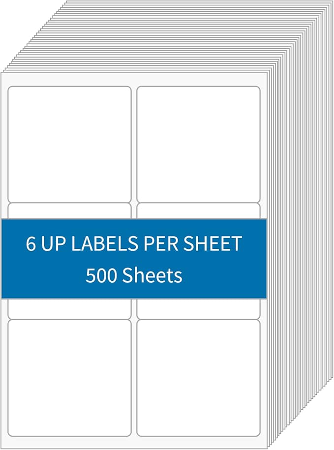 [500 Sheets 3000 Labels] Shipping Labels 3 1/3"x4" Printable White 6 up Labels for Laser/Inkjet Printers, Mailing FBA Address Label Sticker Paper - Permanent Adhesive Label Blank